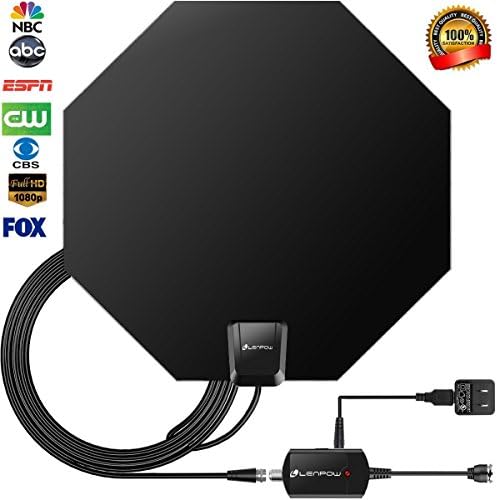 TV Antenna, LENPOW Best Indoor 1080P Amplified Digital TV Antenna 60 Mile Range with Detachable Amplifier Signal Booster, USB Power Adapter, 16.5Ft High Performance Coaxial Cable, Black