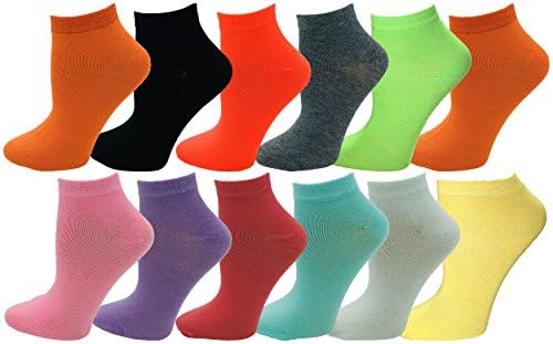 No Show Ankle Socks, Womens or Girls, 12 Pairs Fun Funky Patterned Designs, Colorful Casual Athletic Sport Sock (Colorful Solids)