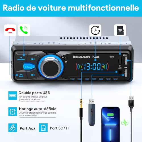 Autoradio Bluetooth, Wistrue Poste Radio Voiture Bluetooth avec Main Libre, FM 1 DIN Autoradio avec Port de Charge USB (2.1A), Lecteur MP3 et 2 USB/AUX/SD, Supporte WMA/WAV