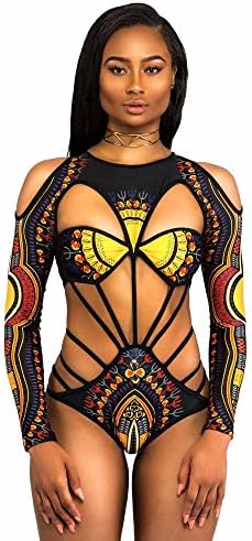 Emubody Monokini Long Sleeve Women Bandage Bikini Sexy Halter Monokini Push Up Swimwear High Waist Thong Swimsuit Set (Yellow, M)