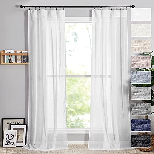 RYB HOME White Sheer Curtains 96 inch Faux Linen Blend Semi Sheer