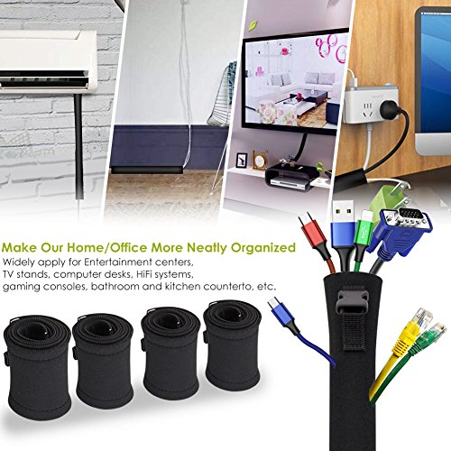 Cable Sleeve, Sungwoo Expandable Cable Management System Cable Organizer with Zipper and Buckle - 19.5'' Flexible Cord Sleeve for TV, Computer, Home Entertainment, Office - 4 Pack (Black) - Thumbnail 5