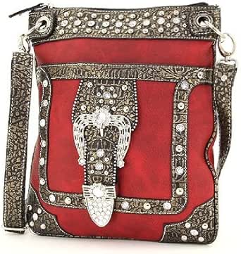 Amazon.com: Western Rhinestone Buckle Messenger Handbag (Red