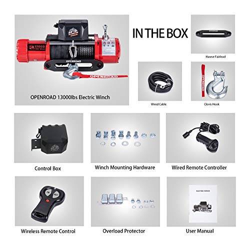 OPENROAD 13000Lbs 12 Volts Electric Winch, Winch for Truck/4×4/Jeep, 13000Lbs/5896kg Electric Winch Kit, with 26m/85ft Winch Synthetic Rope, Towing Off-Road Electric Winch Recovery kit (13000Lbs Red) - Image 6
