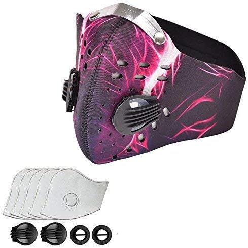 Pollution Mask Dust Mask Dustproof with 5 Extra Filters and 2 Valves for Exhaust Gas, Pollen Allergy, PM2.5, Running, Cycling, Outdoor Activities (Red)