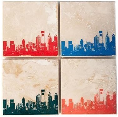 Philadelphia Skyline Coaster Set (4 Stone Coasters) Red, Blue, Green, &amp; Orange