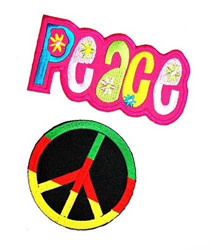 HHO Set 2 Pcs Pink and Black Peace sign hippie boho retro flower power summer of love hippy applique Patch Iron on patch Sign Badge Symbol Patch Iron on Applique Embroidered Jacket T shirt Costume