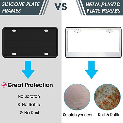 JIWINNER 2 Pcs Black Silicone License Plate Frame - Premium Universal Car License Plate Holder with Drainage Holes - Modern, Rust-Proof, Weather-Proof and Rattle-Proof License Plate Frame for Car
