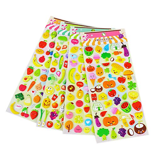 4 Sheets Cute Lovely Puffy DIY Decorative Adhesive Sticker Tape / Kids Craft Scrapbooking Sticker Set for Diary, Album (vegetables+Fruits)