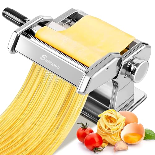 Sailnovo 3 in 1 Pasta Maker Machine - 9 Adjustable Thickness Settings Aluminum Alloy Pasta Roller & 2 Width Cutters for Fresh Spaghetti, Fettuccini, Lasagna, Dumplings - Stainless Steel, Silver