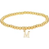 BEAMARKER Gold Initial Beaded Bracelet for Women Real 18K Gold Plated Brass Stretch Bracelets with Letter M Charm Dainty Personalized Jewelry Gifts Bangles for Mother Valentine's Day