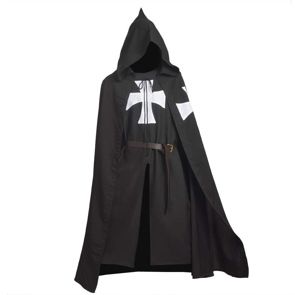 BLESSUME Medieval Templar Knights Costume Tunic with Cloak and Belt (Black1) — image 1