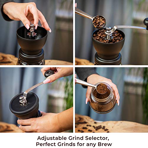 Meg & Mello Manuelle Kaffeemühle mit konischem Mahlwerk aus Keramik, stufenlos einstellbar, zwei Glasdosen… – Bild 4