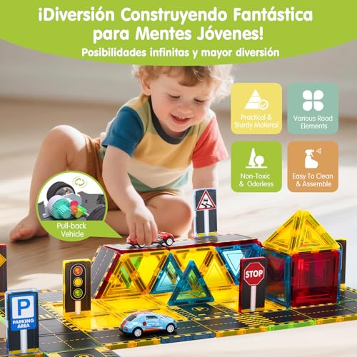 hahaland Magnetic Building Blocks for Kids, 38 Pieces Magnetic Tiles with City Roads and 2 Pull Back Cars, Compatible Magnetic Parts for Kids 3 4 5 6 Years Old