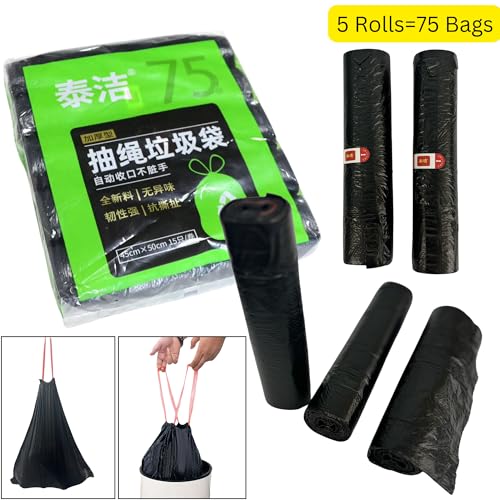 VESTA VITA - 5 Rolls Black Trash bags 75 Pcs for Home and office - 45"50"CM Drawstring Garbage bag with handles - 5 Gallon Garbage bag small for Kitchen and office - Pack of 5 bin bags rolls (Black)