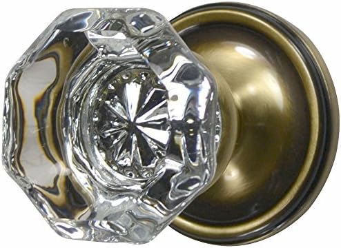 Providence Crystal Octagon Door Knob Set with Victorian Plate Rosettes in Antique Brass (Passage Hall / Closet)