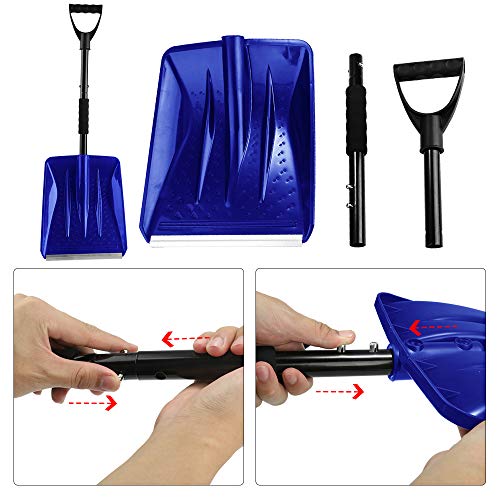V VONTOX Snow Shovel, Detachable Plastic Snow Shovel with D-Grip Handle and Aluminum Edge Blade,Portable Compact for Car, Truck, Outdoor Camping Garden (with Small Snow Shovel Scraper) (Blue)