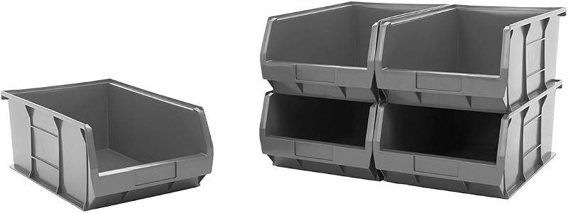 BiGDUG Plastic Parts Bins Pack of 5 Stackable Wall Mount 200x310x520mm Grey