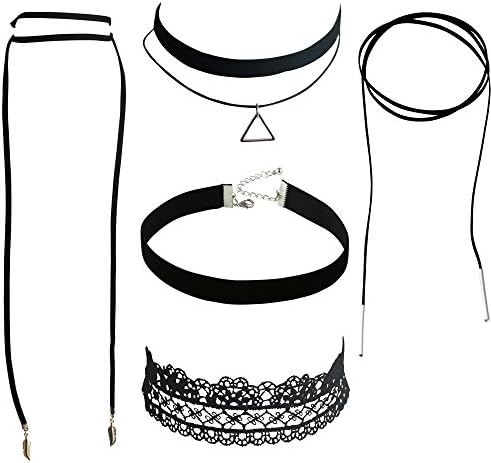 On Trend Choker Assortment Value Packs by Malibu Sundry (Value Pack 3: Classic Black Choker, Lace Choker, Triangle Choker, Leaf Choker and Tassel Choker)