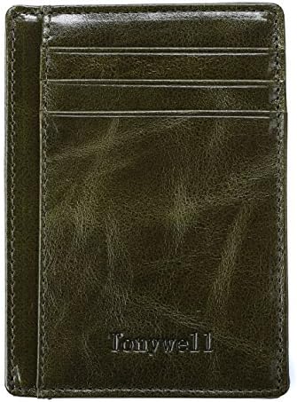 Tonywell Slim Leather Wallet RFID Front Pocket Wallet Minimalist Secure slim Wallet Thin Credit Card Holder (Black green)