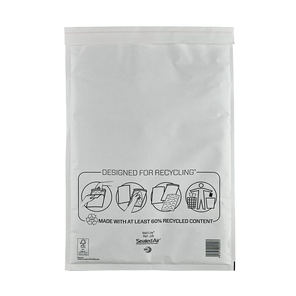 Mail Lite Bubble Lined Postal Bag Size J/6 300x440mm White (Pack of 50)