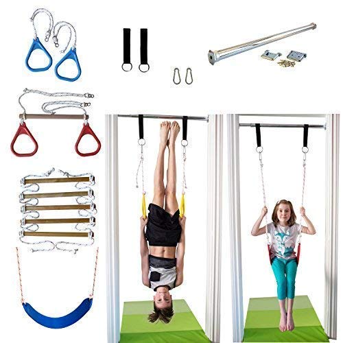DreamGYM Indoor Swing and Play Set Trapeze Bar Combo, Gymnastic Rings, Rope Ladder & Belt Swing