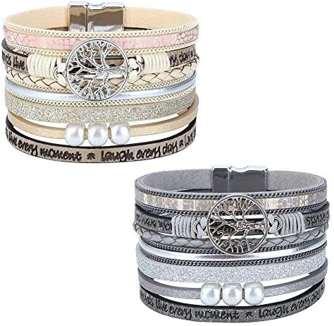 2 Pieces Boho Tree of Life Multilayer Leather Bracelets, Braided Wrap Cuff Bangle with Magnetic Clasp Handmade Bohemian Bangle Jewelry for Men, Women(Beige and Brown)
