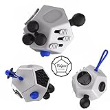 Fidgies Fidget Cube with 12 Sides of Activities. For Work, Office, Home, School, Classroom, or College Campus. Quiet or Noise Option Great for Relief from Stress or Anxiety (White with Blue & Black)