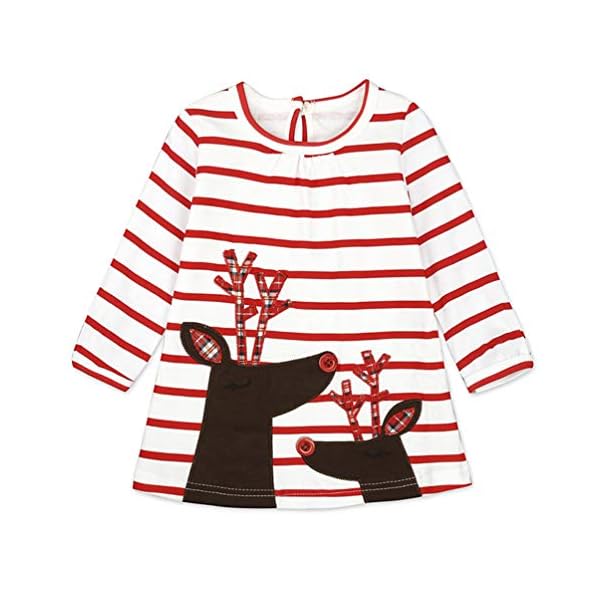 Fashspo Kid Girl Cotton Dress Stripe Long Sleeve Christmas Elk Casual Basic Dress,5T