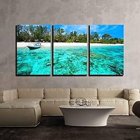 3 Piece Canvas Wall Art - Beautiful Sea and Coastlines of Gili Meno, Indonesia. - Modern Home Art Stretched and Framed Ready to Hang - 16"x24"x3 Panels