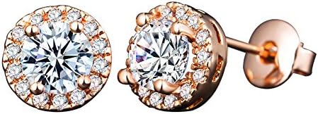 Women's Rose Gold Stud Earring ,Girl's Gift Round White Crytals Earring Stud (Rose Gold)