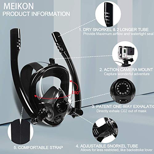 MEIKON Snorkel Mask Full Face Anti - Fogging Scuba Diving Mask with Double Tube Mask Free Breathing 180Â° Panoramic Viewing Anti-Fog Anti-Leak Camera Mount Snorkeling Mask for Adults Teenagers