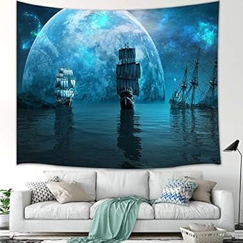 Pirate Boat Tapestry Navigation Decor, Two Sailing Ships and Huge Blue Planet at Mystic Galaxy Night Tapestry Wall Hanging, Large Wall Tapestry Psychedelic Wall Blanket TV Backdrop, 71X60 in