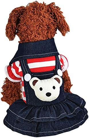 Winter Warm Pet Hoodies Denim Jean Pet Clothing Striped 4 legs Jumpsuit &amp; Dog Dresses (L, Red-dress)