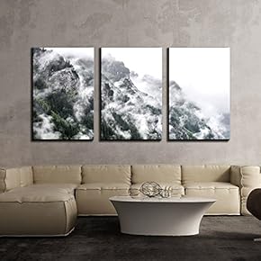 3 Piece Canvas Wall Art - Nature Scenery with Mountain Surrounded by Fog - Modern Home Art Stretched and Framed Ready to Hang - 16"x24"x3 Panels