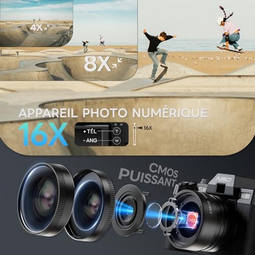 NBD 5K 64MP Digital Camera with Autofocus, 16x Digital Zoom, F1.8 Aperture, 3 Inch 180° IPS Screen, WiFi + Wide Angle/Macro Lens + 64GB Card + 2 Batteries (Deep Black)