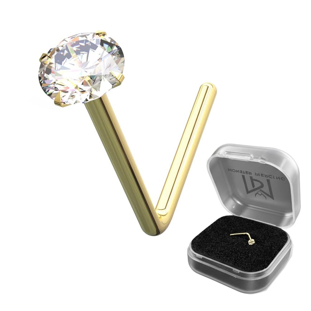 AZARIO LONDON 14K Yellow Gold Prong Set 1.5MM Round CZ Stone 22 Gauge L Bend Nose Stud Piercing