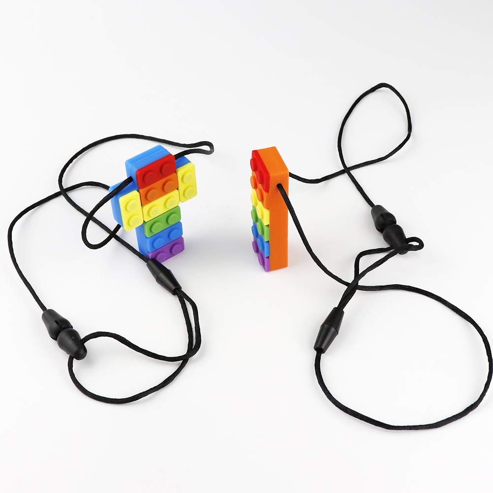 Sensory Chew Necklace Pendant Chewlery Set for Boys and Girls, Silicone Chewy Brick for Kids with ADHD, Teething, Autism, Biting Needs (Multi-Colored, 2Pack)