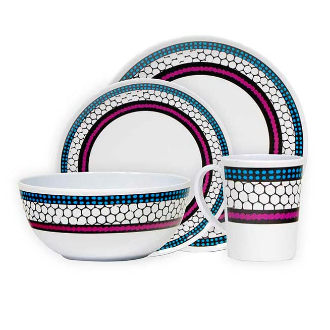 Leisurewize LWACC380 Melamine 16 Pcs Dinner Set - Plates, Bowls, Mugs, Side Plates - Honeycomb Art, Heat Resistant, Dishwasher Safe Portable Dinnerware