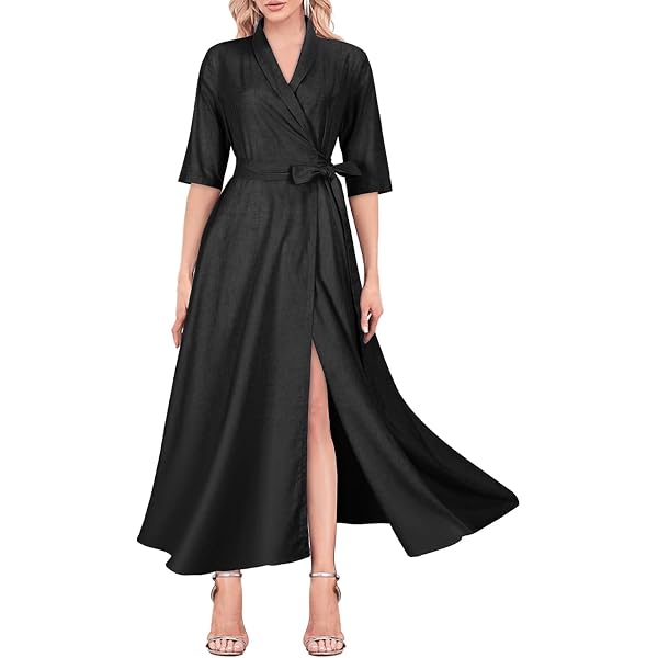 Women's Cotton Linen Wrap Dress Summer Casual Boho V Neck Half Sleeve Tie  Waist Split Beach Long Dresses with Pockets at Amazon Women's Clothing store