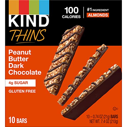 KIND THINS SNACK BARS, PEANUT BUTTER DARK CHOCOLATE, GLUTEN FREE, LOW CALORIE, HEALTHY SNACKS, 4G SUGAR, 10 COUNT