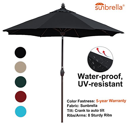 SORARA Sunbrella Patio Umbrella 9-Feet Outdoor Market Table Umbrella with Auto Tilt&Crank&Umbrella Cover, 8 Ribs, Canvas Black