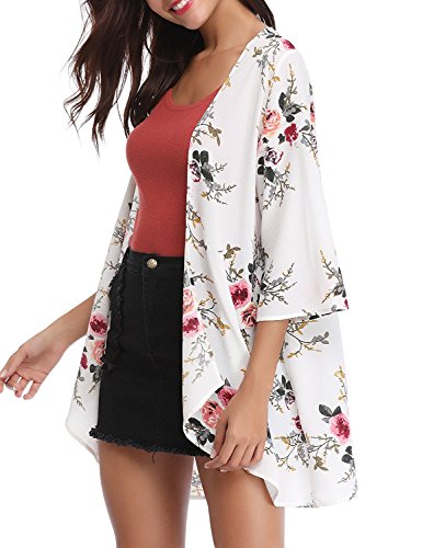 PopStore Women's Floral Print Sheer Kimono Cardigan Capes Chiffon 3/4 Sleeve Patchwork Casual Cover up Blouse Tops - Thumbnail 4