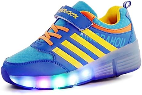 KISCHERS LED Light Up Shoes With wheels On The Bottom Single Roller Wheel Skates Retractable Shoe Sneakers For Kids Boys Girls (1 M US Little Kid, Blue)