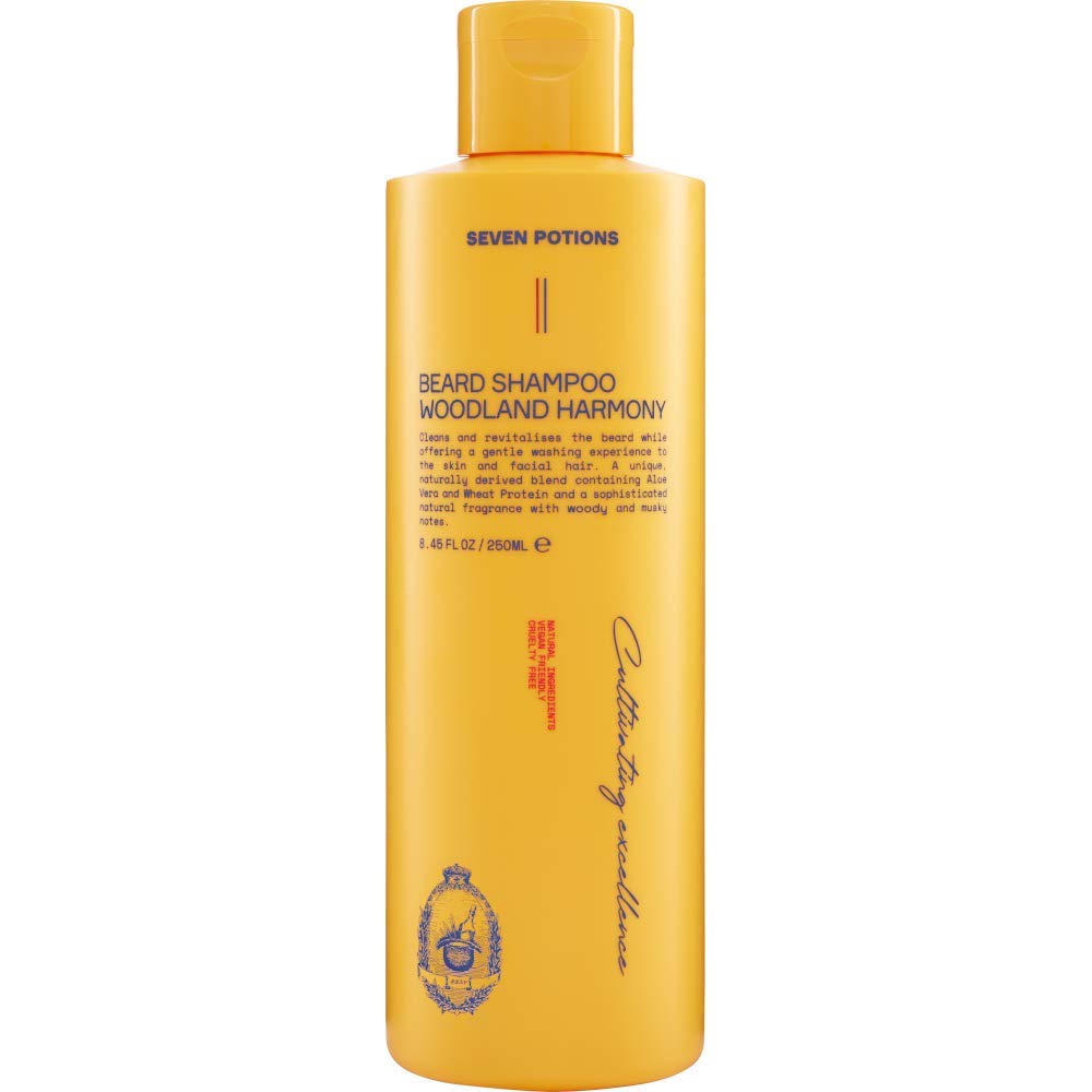 Seven Potions Beard Shampoo for Men — Gentle, Cleansing Beard Wash for a Clean Beard with No Beard Itch — Natural, Vegan, Cruelty Free — Woodland Harmony (250 ml)