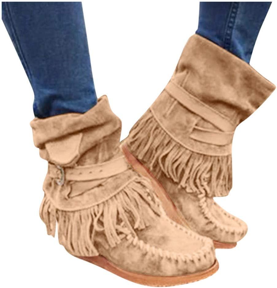 Toimothcn Womens Cowboy Bootie Round Toe Low Heel Faux Suede Western Fringe Mid-Calf Boot Shoes
