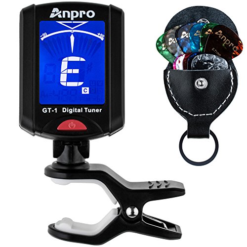 Anpro GT-1 Digital Tuner for Guitar Bass Ukulele Chromatic Violin with 12 Packs Guitar Picks (include 0.46mm 0.71mm 0.96mm) and a Leather Key Chain Pick Holder