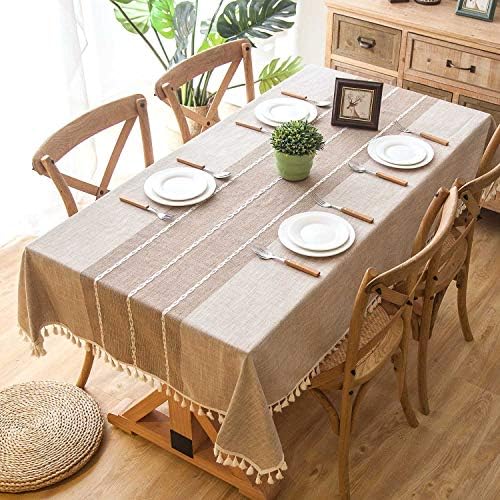 Crossoft Modern Stitching Tassel Tablecloths Linen Cotton Fabric Dust-Proof Table Cover for Kitchen Dinning Tabletop (Rectangle/Oblong, 55"x102", Linen)