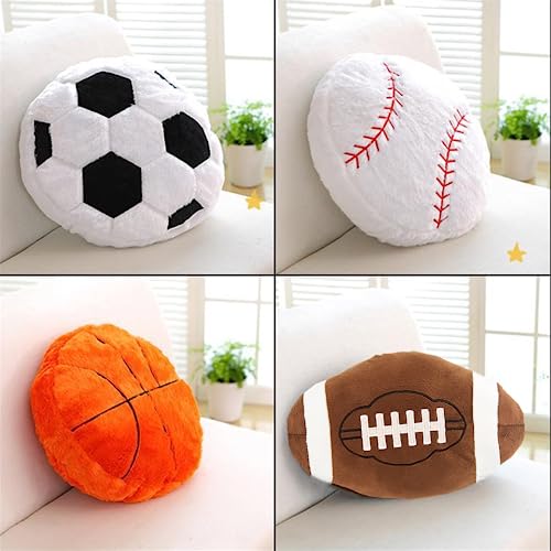 4 Pcs Sports Throw Pillows Fluffy Stuffed Soccer Ball Plush Pillow Baseball Throw Pillow Soft Stuffed Basketball Plush Pillows Football Shaped Plush Toy Sport Theme Cushion for Kids Room Decoration