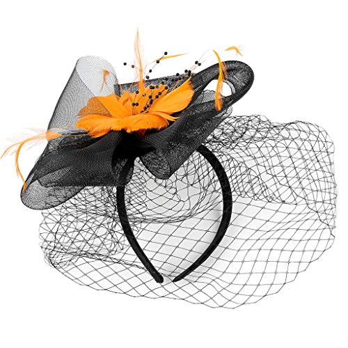 Sayhi Women Flower Mesh Hair Clip Fascinators Hat Pillbox Hat Cocktail Tea Party Wedding Headband(Orange,free size) - Thumbnail 6